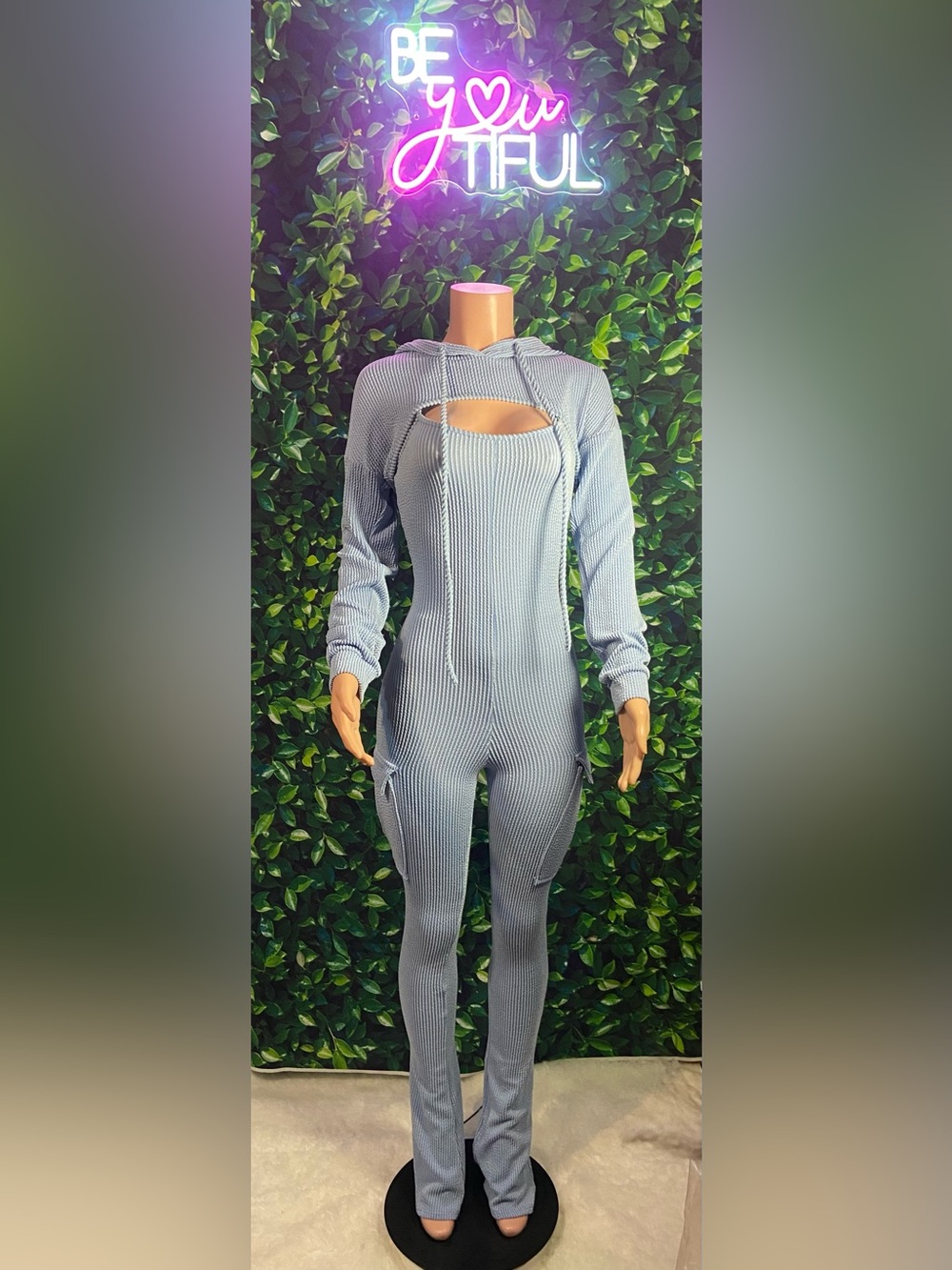 Women's Light Blue Ribbed Hooded Jumpsuit